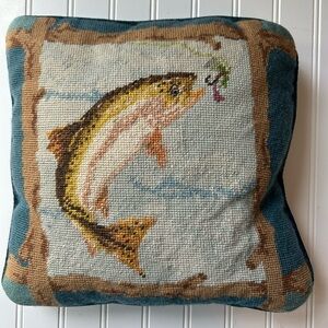 Vintage Pillowcase Fish Needlepoint Throw Blue Leaping Trout Cottagecore Rustic